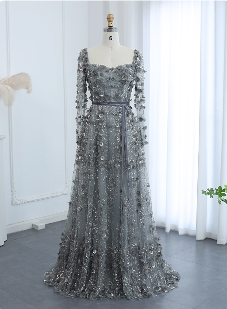 Dreamy Grey A-line Square Neck Long Sleeve 3D Floral Sequin Tulle Long Prom Dress Evening Dress P4619
