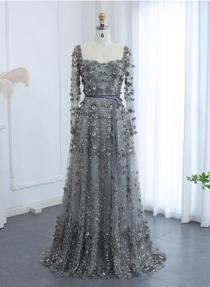 Verträumtes graues A-Linien-Kleid mit eckigem Ausschnitt, langen Ärmeln und 3D-Blumen-Pailletten aus Tüll, langes Ballkleid Abendkleid P4619