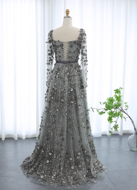 Dreamy Grey A-line Square Neck Long Sleeve 3D Floral Sequin Tulle Long Prom Dress Evening Dress P4619
