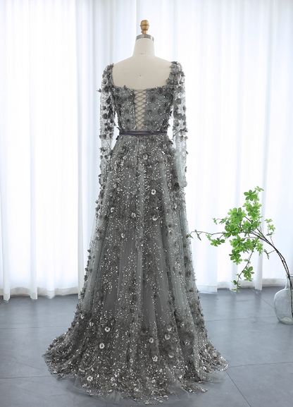 Verträumtes graues A-Linien-Kleid mit eckigem Ausschnitt, langen Ärmeln und 3D-Blumen-Pailletten aus Tüll, langes Ballkleid Abendkleid P4619
