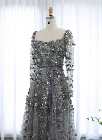 Verträumtes graues A-Linien-Kleid mit eckigem Ausschnitt, langen Ärmeln und 3D-Blumen-Pailletten aus Tüll, langes Ballkleid Abendkleid P4619
