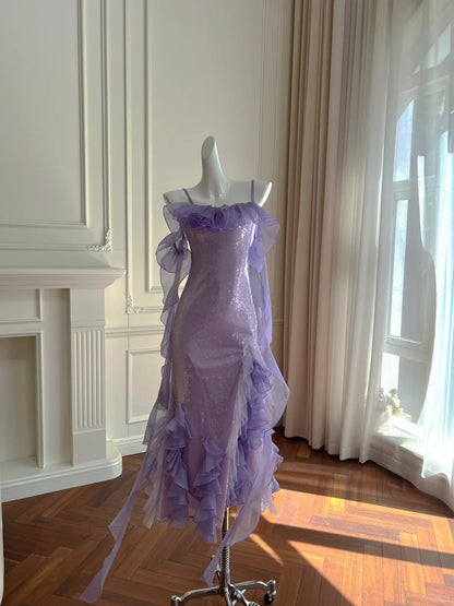 Fantasie Lila Meerjungfrau Gerüschtes Tüll Pailletten Langes Ballkleid Abendkleid P4062
