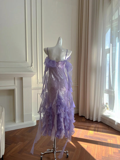 Fantasie Lila Meerjungfrau Gerüschtes Tüll Pailletten Langes Ballkleid Abendkleid P4062