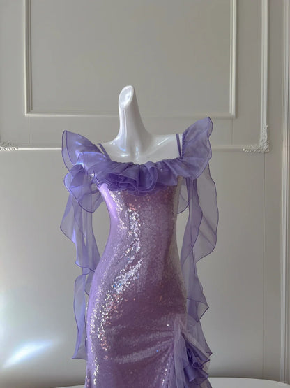 Fantasie Lila Meerjungfrau Gerüschtes Tüll Pailletten Langes Ballkleid Abendkleid P4062