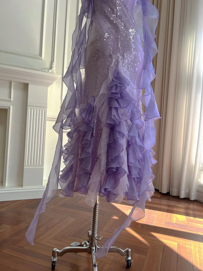Fantasie Lila Meerjungfrau Gerüschtes Tüll Pailletten Langes Ballkleid Abendkleid P4062