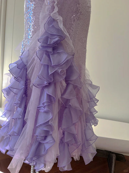 Fantasie Lila Meerjungfrau Gerüschtes Tüll Pailletten Langes Ballkleid Abendkleid P4062