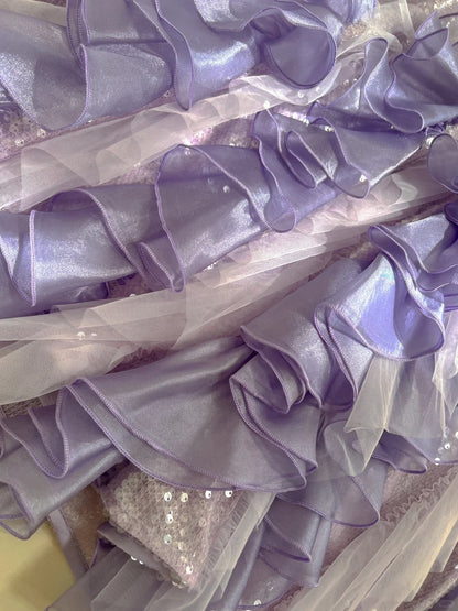 Fantasie Lila Meerjungfrau Gerüschtes Tüll Pailletten Langes Ballkleid Abendkleid P4062