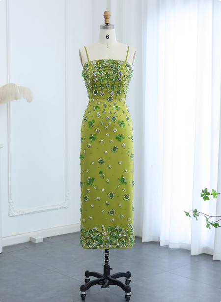 Gorgeous Green Bodycon Spaghetti Strap Square Neck Rhinestone Satin Long Prom Dress Evening Dress P4620