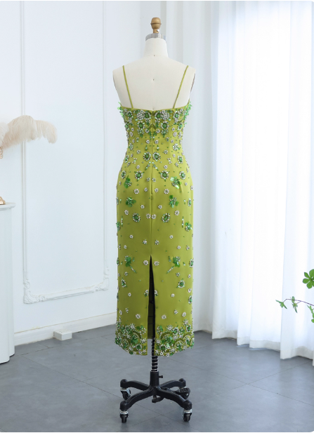 Gorgeous Green Bodycon Spaghetti Strap Square Neck Rhinestone Satin Long Prom Dress Evening Dress P4620