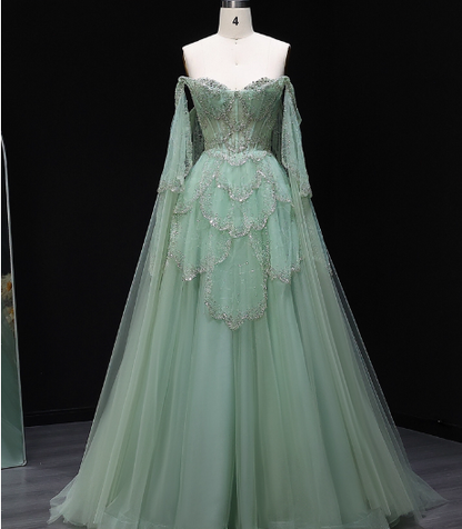 Verträumtes minzgrünes schulterfreies Pailletten-Tüll-Ballkleid Abendkleid P4621