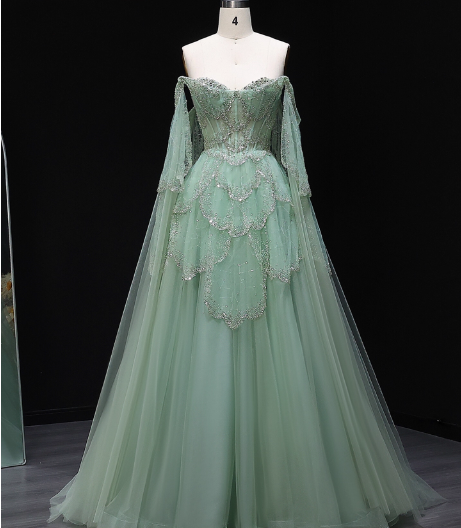 Dreamy Mint Green Off-the-Shoulder Sequin Layered Tulle Train Prom Dress Evening Dress P4621