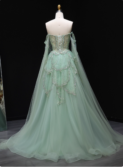 Verträumtes minzgrünes schulterfreies Pailletten-Tüll-Ballkleid Abendkleid P4621