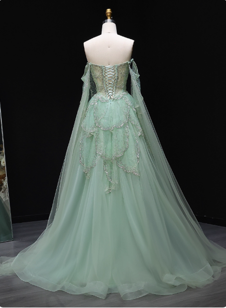 Dreamy Mint Green Off-the-Shoulder Sequin Layered Tulle Train Prom Dress Evening Dress P4621