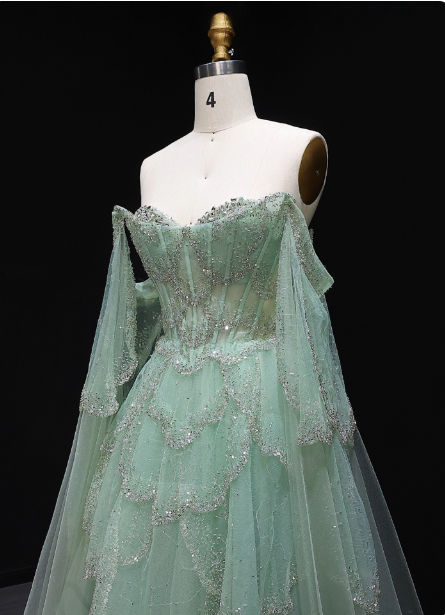 Dreamy Mint Green Off-the-Shoulder Sequin Layered Tulle Train Prom Dress Evening Dress P4621
