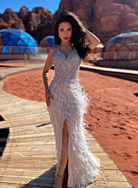 Gorgeous Silver-Grey Spaghetti Strap V-neck Feather Sequin Slit Long Prom Dress Evening Dress P4622