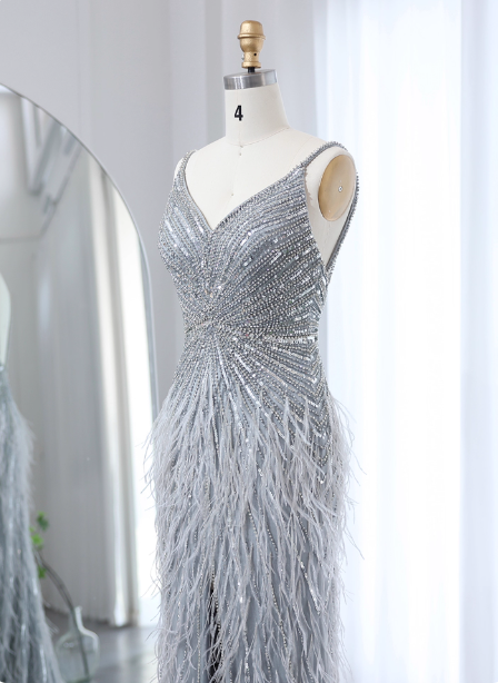 Gorgeous Silver-Grey Spaghetti Strap V-neck Feather Sequin Slit Long Prom Dress Evening Dress P4622