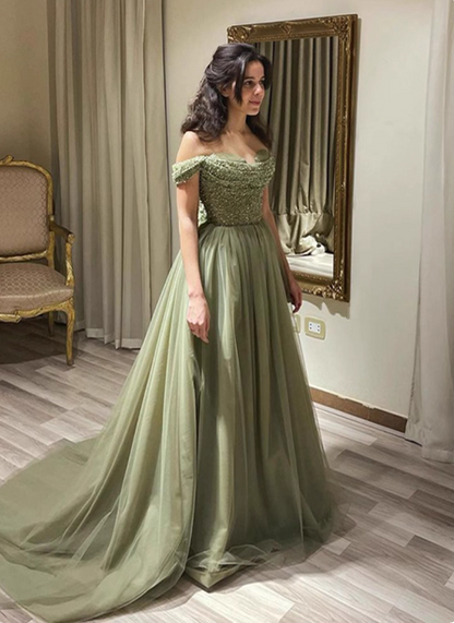 Wald-Avocado-Grün schulterfreies Pailletten-Tüll-Schleppen-Ballkleid Abendkleid P4623