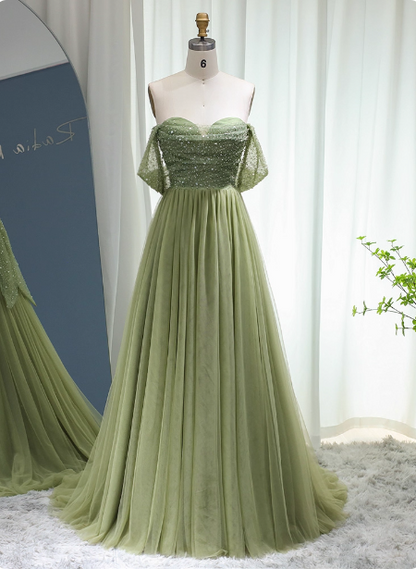 Wald-Avocado-Grün schulterfreies Pailletten-Tüll-Schleppen-Ballkleid Abendkleid P4623