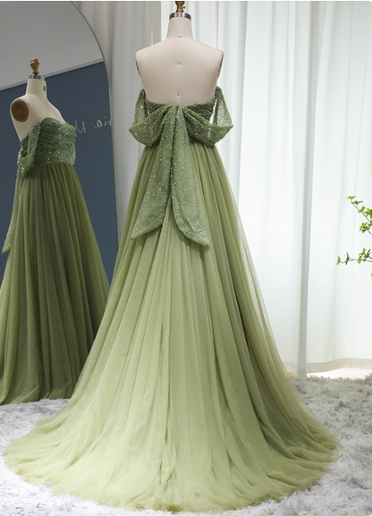 Wald-Avocado-Grün schulterfreies Pailletten-Tüll-Schleppen-Ballkleid Abendkleid P4623