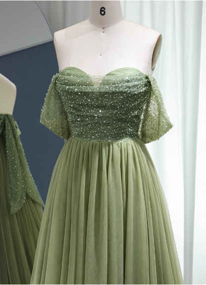 Wald-Avocado-Grün schulterfreies Pailletten-Tüll-Schleppen-Ballkleid Abendkleid P4623