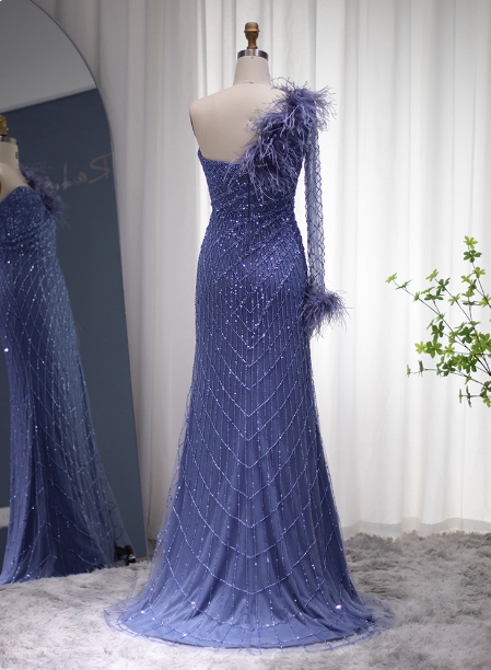 Elegant Mermaid Blue One-Shoulder Feather Beaded Tulle Long Prom Dress Evening Dress P4625