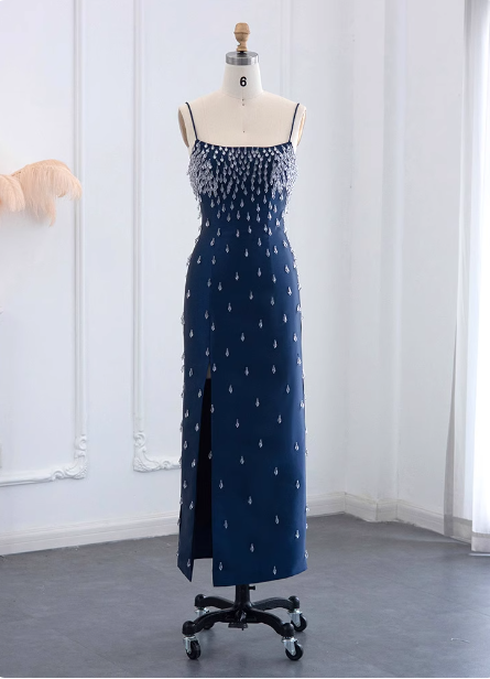 Elegant Navy Blue Bodycon Square Neck Spaghetti Strap Slit Crystal Satin Long Prom Dress Evening Dress P4626