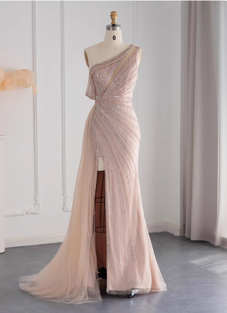Elegant Pink Mermaid One-Shoulder Beaded Tulle Slit Train Prom Dress Evening Dress P4627
