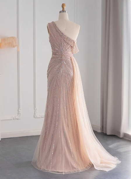 Elegant Pink Mermaid One-Shoulder Beaded Tulle Slit Train Prom Dress Evening Dress P4627