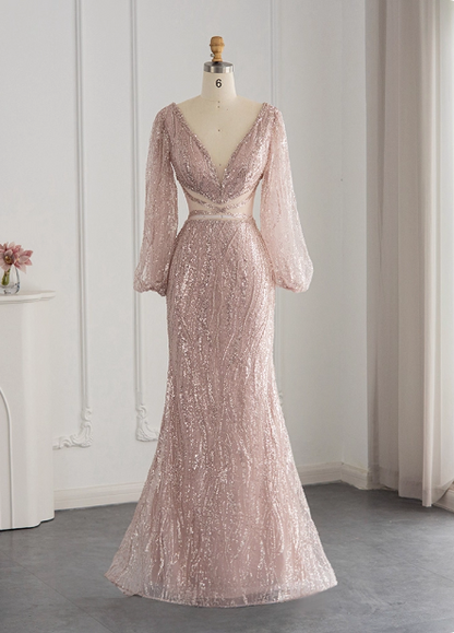 Elegantes pinkfarbenes Meerjungfrauen-Abendkleid mit V-Ausschnitt, langen Ärmeln und Pailletten P4628