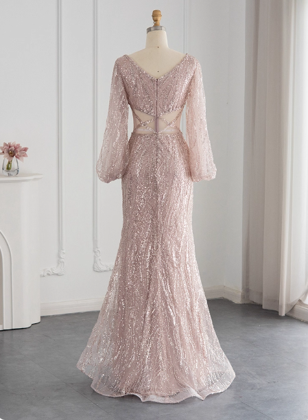 Elegant Pink Mermaid V-neck Long Sleeve Sequin Long Prom Dress Evening Dress P4628