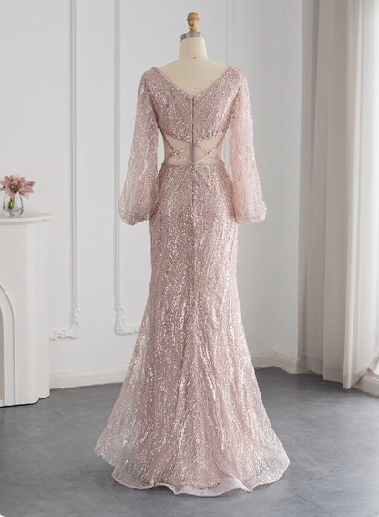 Elegantes pinkfarbenes Meerjungfrauen-Abendkleid mit V-Ausschnitt, langen Ärmeln und Pailletten P4628