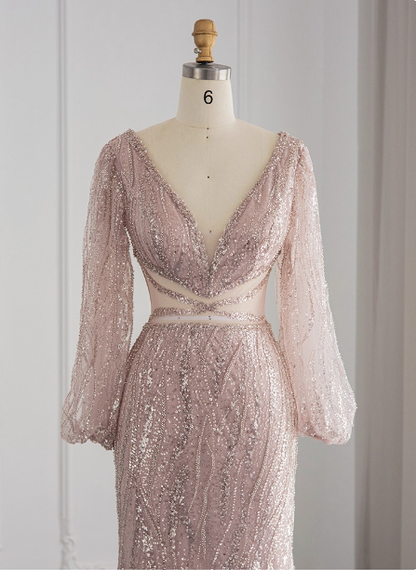 Elegantes pinkfarbenes Meerjungfrauen-Abendkleid mit V-Ausschnitt, langen Ärmeln und Pailletten P4628