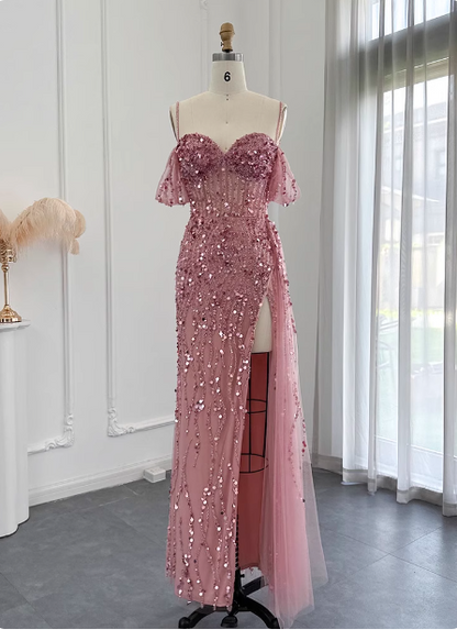 Atemberaubendes rosa Spaghetti-Träger Schlitz Pailletten Tüll Langes Ballkleid Abendkleid P4629