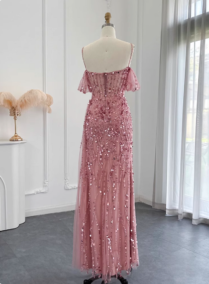 Atemberaubendes rosa Spaghetti-Träger Schlitz Pailletten Tüll Langes Ballkleid Abendkleid P4629
