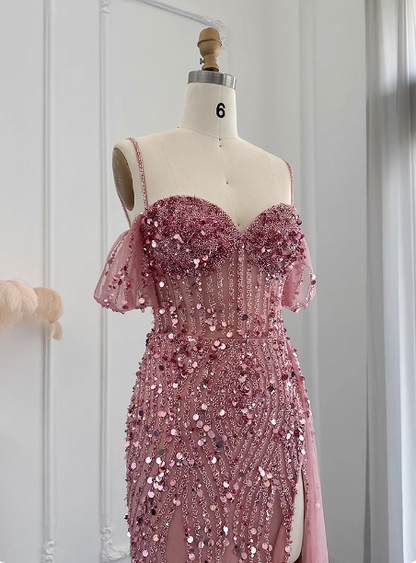 Atemberaubendes rosa Spaghetti-Träger Schlitz Pailletten Tüll Langes Ballkleid Abendkleid P4629