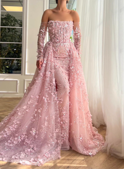 Prinzessin Pink Zug Schulterfrei 3D Blumen Tüll Ballkleid Abendkleid P4632