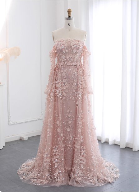 Prinzessin Pink Zug Schulterfrei 3D Blumen Tüll Ballkleid Abendkleid P4632