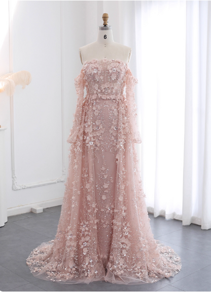 Prinzessin Pink Zug Schulterfrei 3D Blumen Tüll Ballkleid Abendkleid P4632