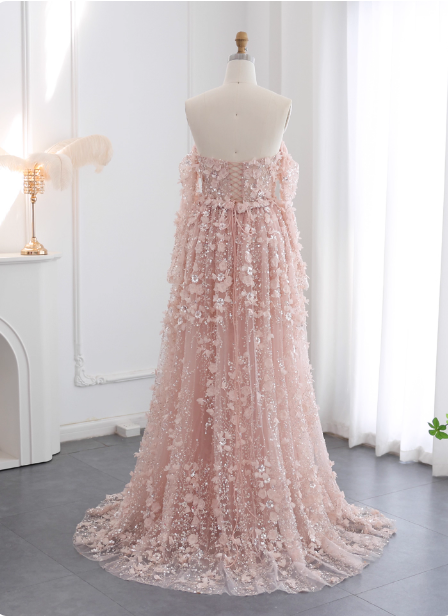 Prinzessin Pink Zug Schulterfrei 3D Blumen Tüll Ballkleid Abendkleid P4632