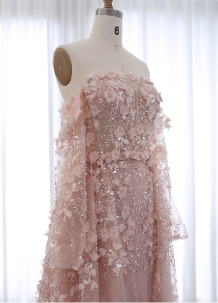 Prinzessin Pink Zug Schulterfrei 3D Blumen Tüll Ballkleid Abendkleid P4632