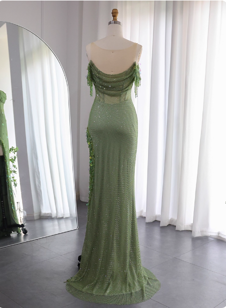 Élégante Robe de Soirée de Bal Longue en Tulle Vert Sirène à Glands et Fente P4633