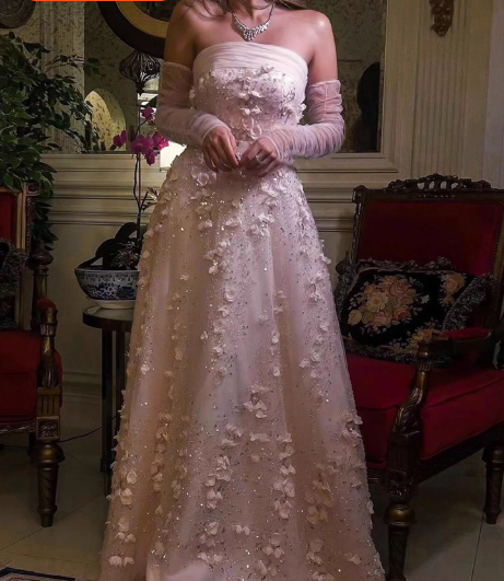 Atemberaubendes pinkes trägerloses 3D-Blumen-Pailletten-Tüll-Schleppen-Ballkleid Abendkleid P4634