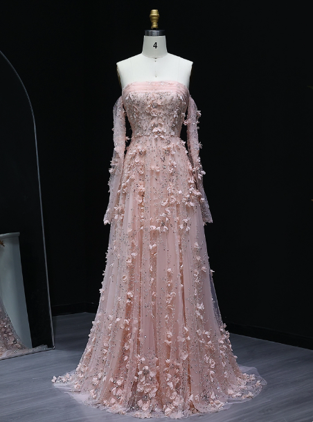 Atemberaubendes pinkes trägerloses 3D-Blumen-Pailletten-Tüll-Schleppen-Ballkleid Abendkleid P4634