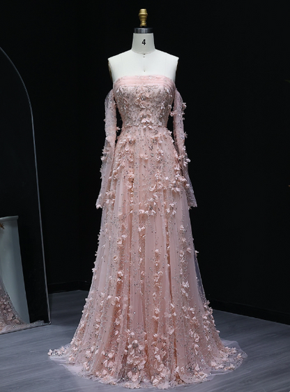 Atemberaubendes pinkes trägerloses 3D-Blumen-Pailletten-Tüll-Schleppen-Ballkleid Abendkleid P4634