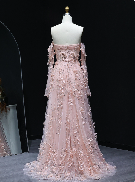 Atemberaubendes pinkes trägerloses 3D-Blumen-Pailletten-Tüll-Schleppen-Ballkleid Abendkleid P4634