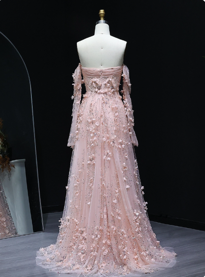 Atemberaubendes pinkes trägerloses 3D-Blumen-Pailletten-Tüll-Schleppen-Ballkleid Abendkleid P4634