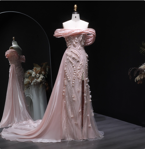 Atemberaubendes pinkes Meerjungfrauen-Abendkleid aus Satin mit Carmen-Ausschnitt und 3D-Blumen P4636