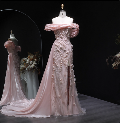 Atemberaubendes pinkes Meerjungfrauen-Abendkleid aus Satin mit Carmen-Ausschnitt und 3D-Blumen P4636