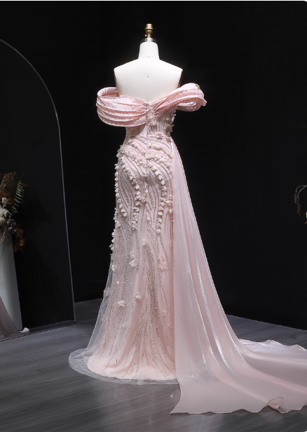 Atemberaubendes pinkes Meerjungfrauen-Abendkleid aus Satin mit Carmen-Ausschnitt und 3D-Blumen P4636