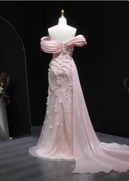 Atemberaubendes pinkes Meerjungfrauen-Abendkleid aus Satin mit Carmen-Ausschnitt und 3D-Blumen P4636